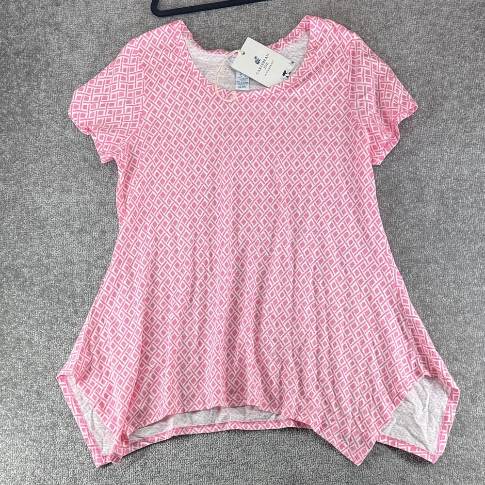 NWT Caribbean Joe Short Sleeve Shirt Geometric Pink Tunic Womens L